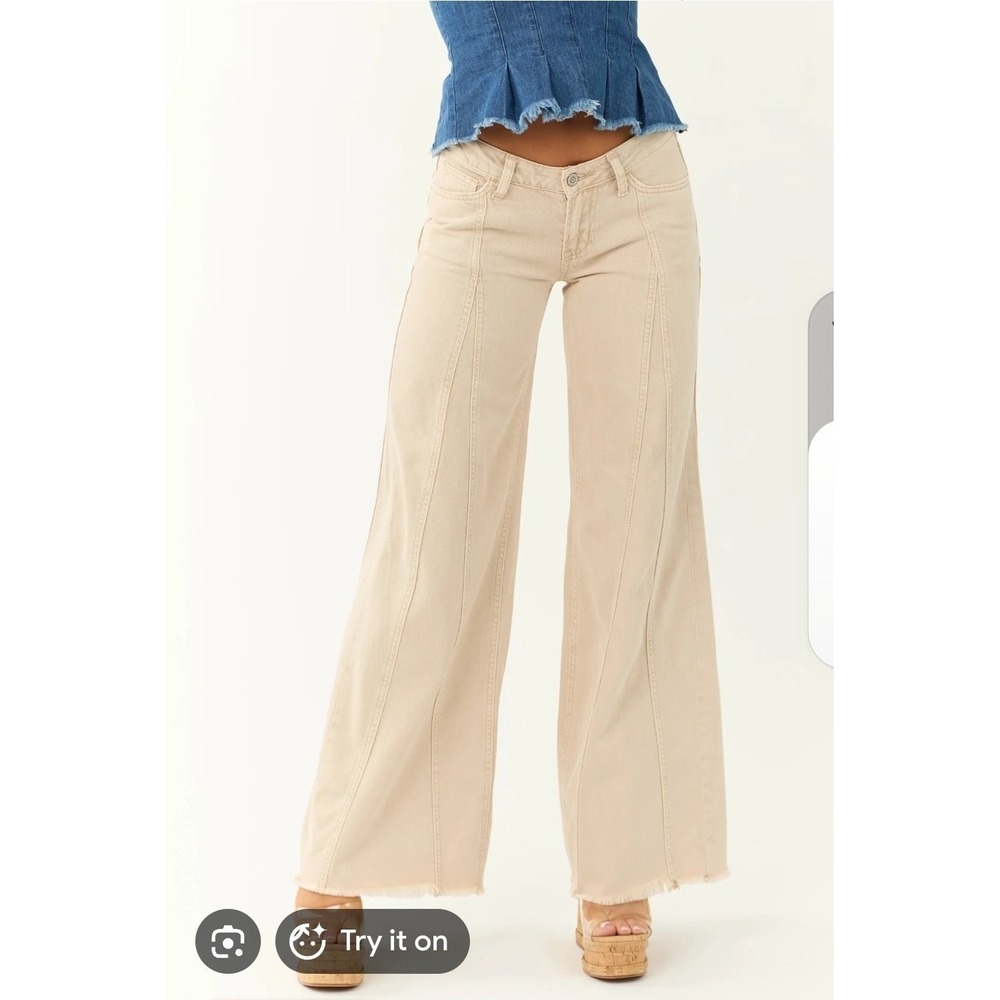 Flying Monkey Low Rise Wide Leg Baggy Jeans Women's‎ 32 Beige Raw Hem NWT